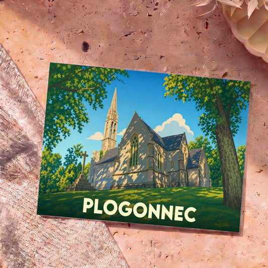 Carte postale souvenir de la ville de Plogonnec illustrant une église et son calvaire dans un style graphique épuré.