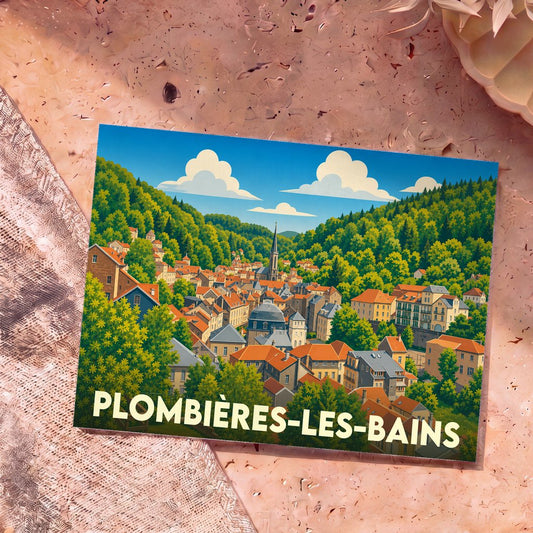 Carte postale souvenir de Plombières-les-Bains présentant une illustration colorée et stylisée de la ville nichée dans une vallée verdoyante.