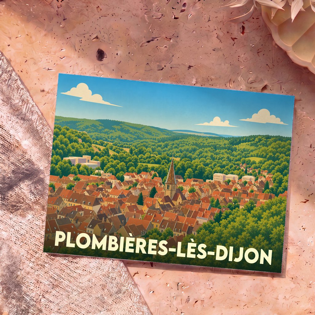 Carte postale souvenir de Plombières-lès-Dijon arborant une illustration stylisée et colorée de la ville nichée dans la verdure.