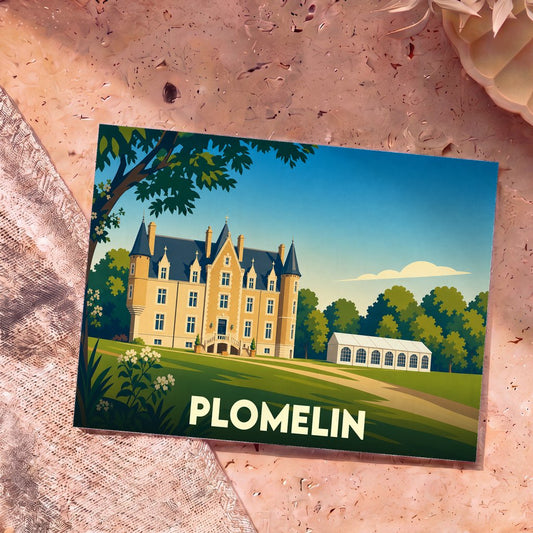Carte postale souvenir de la ville de Plomelin avec une illustration stylisée d'un château sur un domaine verdoyant.