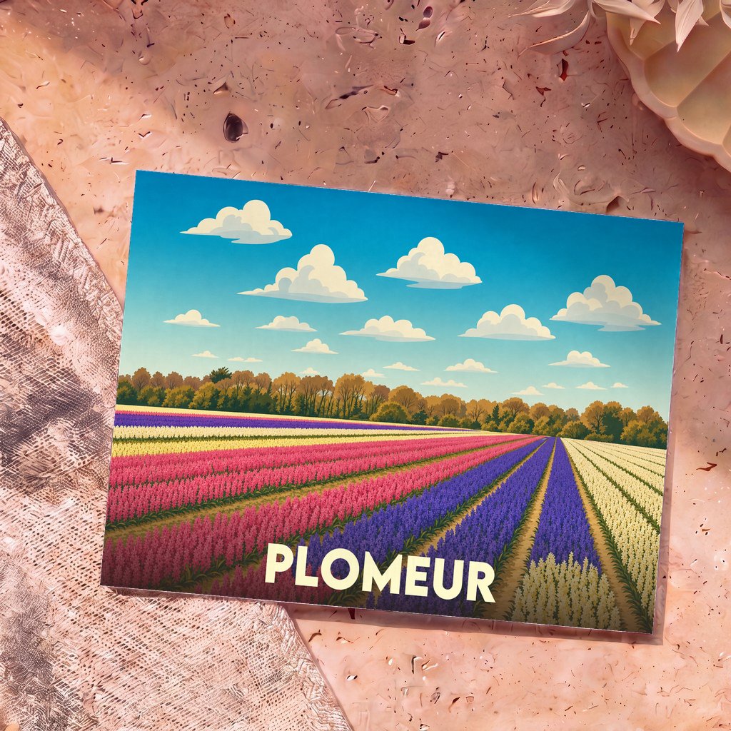 Carte postale souvenir de la ville de Plomeur illustrant des champs de fleurs colorés sous un ciel nuageux.