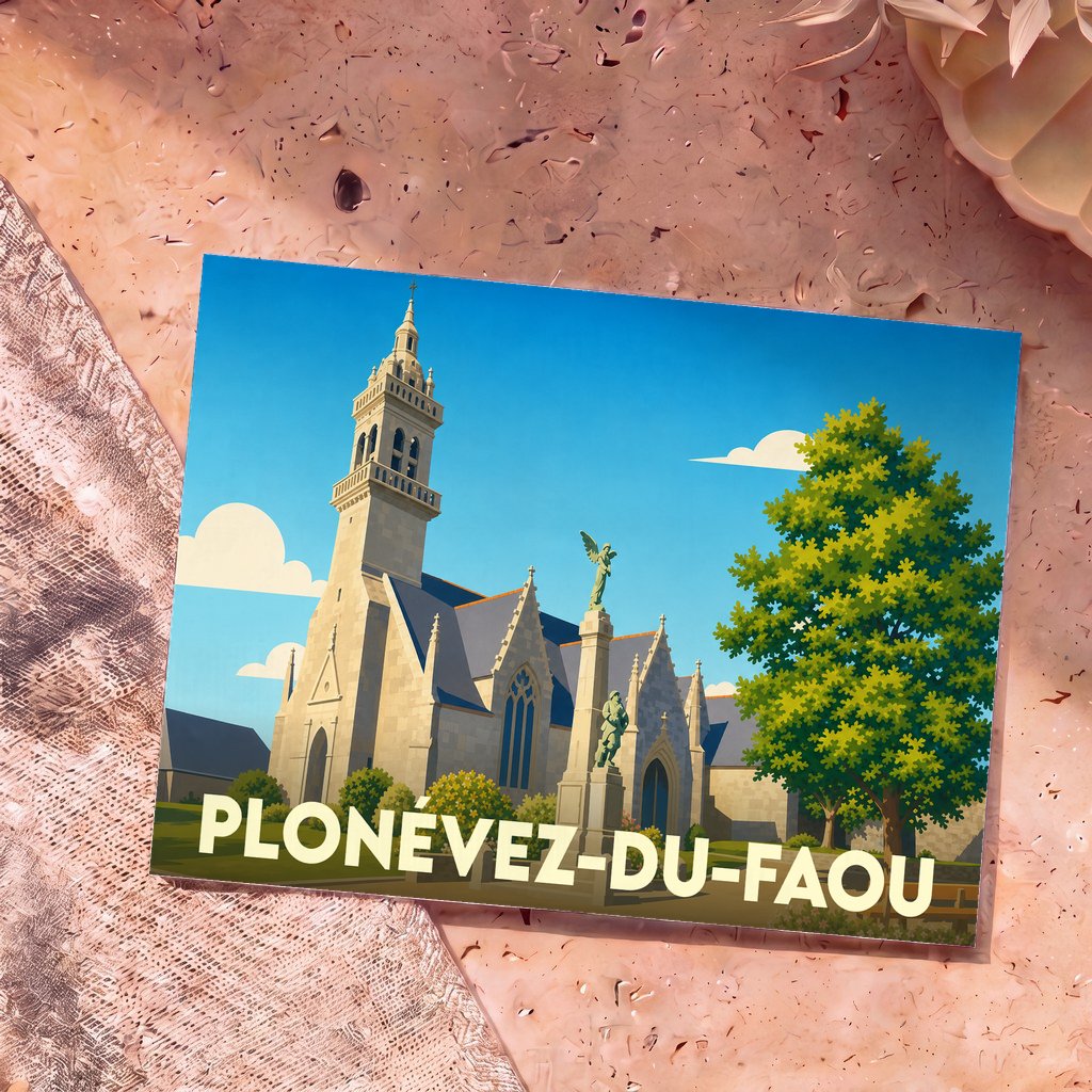 Carte postale souvenir de la ville de Plonévez-du-Faou avec une illustration stylisée de son église et d'un monument.