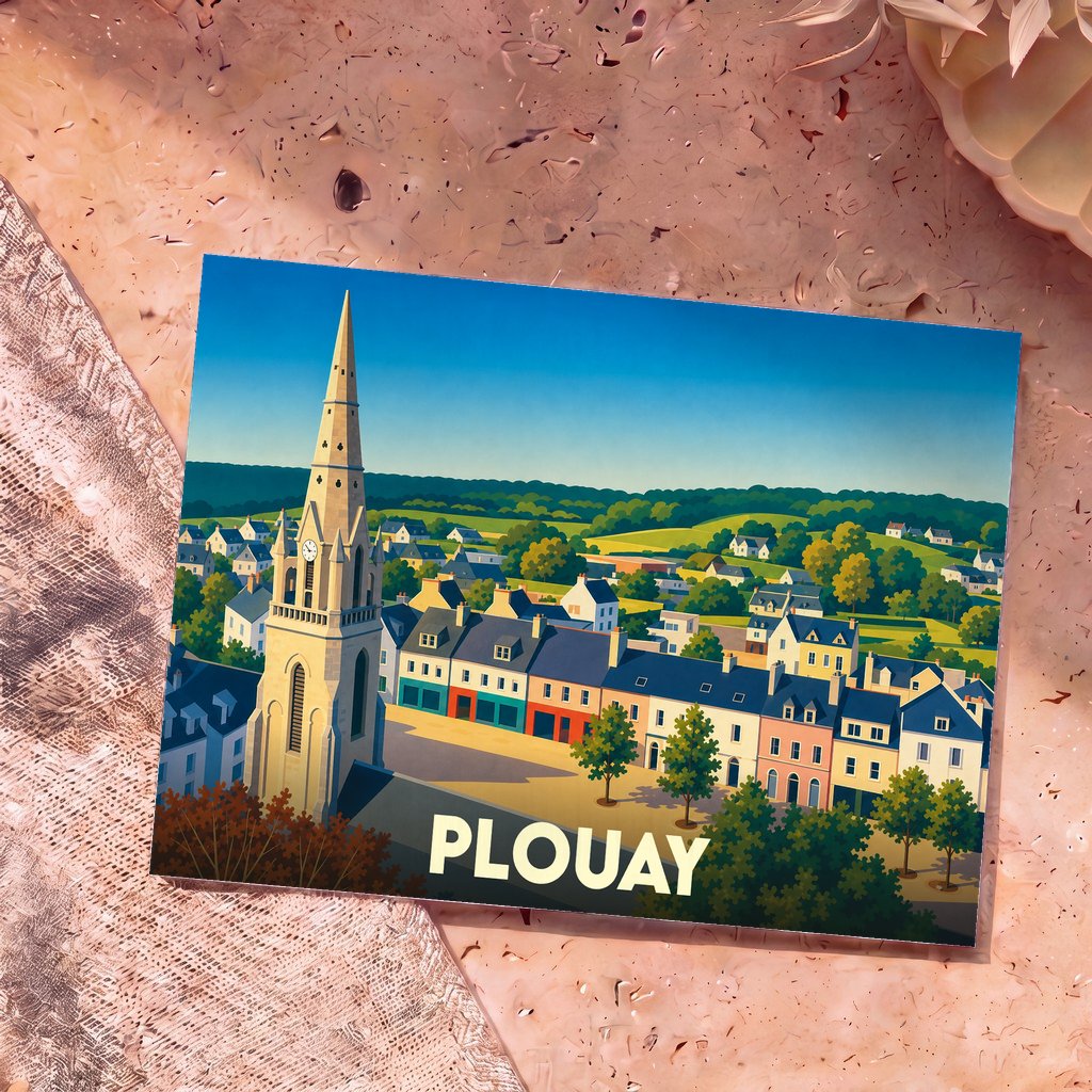 Carte postale souvenir de la ville de Plouay avec une illustration stylisée montrant son église et ses maisons colorées.