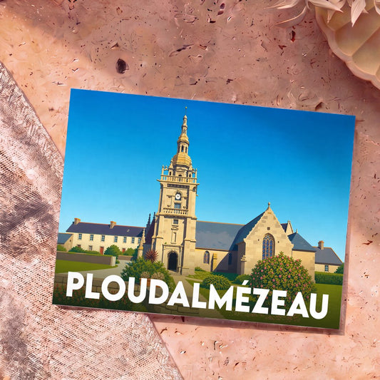 Carte postale souvenir de la ville de Ploudalmézeau avec une illustration stylisée de son église.