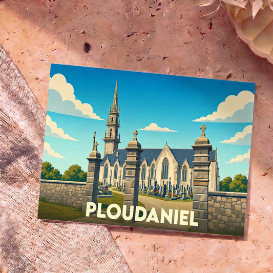 Carte postale souvenir de la ville de Ploudaniel illustrant son église et son cimetière dans un style graphique épuré.