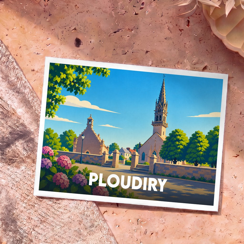Carte postale souvenir de la ville de Ploudiry avec une illustration stylisée montrant son enclos paroissial sous un ciel bleu.