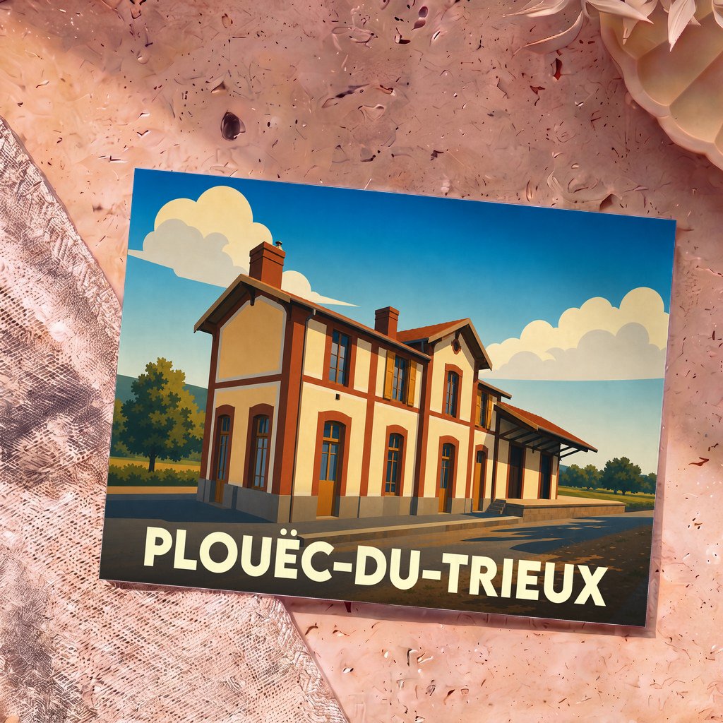 Carte postale souvenir de la ville de Plouëc-du-Trieux avec une illustration stylisée de son ancienne gare.