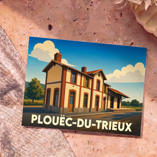 Carte postale souvenir de la ville de Plouëc-du-Trieux avec une illustration stylisée de son ancienne gare.