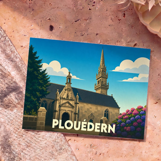 Carte postale souvenir de la ville de Plouédern avec une illustration stylisée de son église et de fleurs d'hortensias.