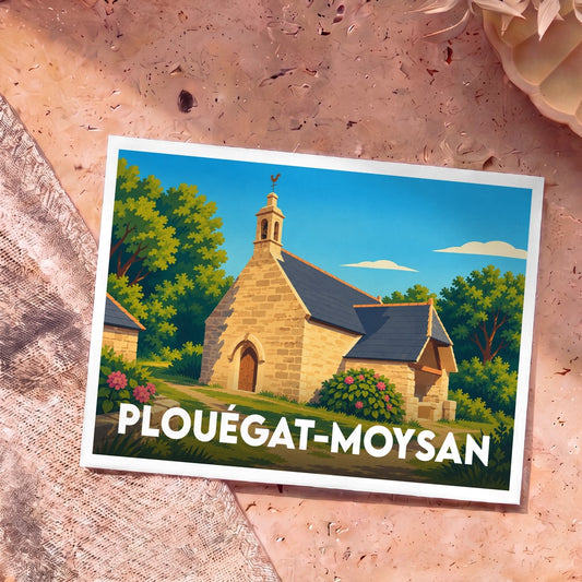 Carte postale souvenir de la commune de Plouégat-Moysan avec une illustration stylisée de sa chapelle.