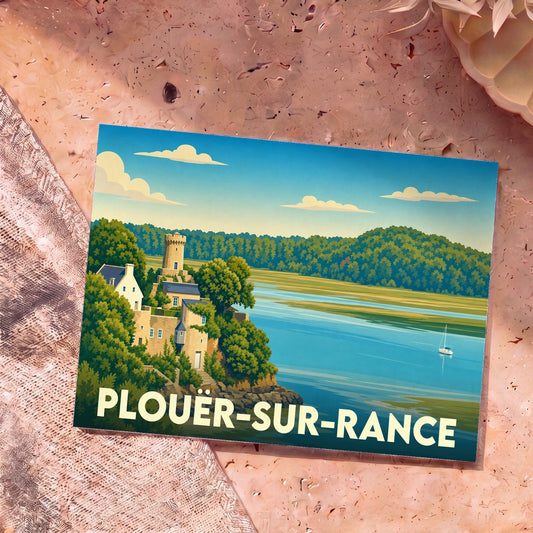 Carte postale souvenir de la ville de Plouër-sur-Rance avec une illustration stylisée des bords de la Rance.