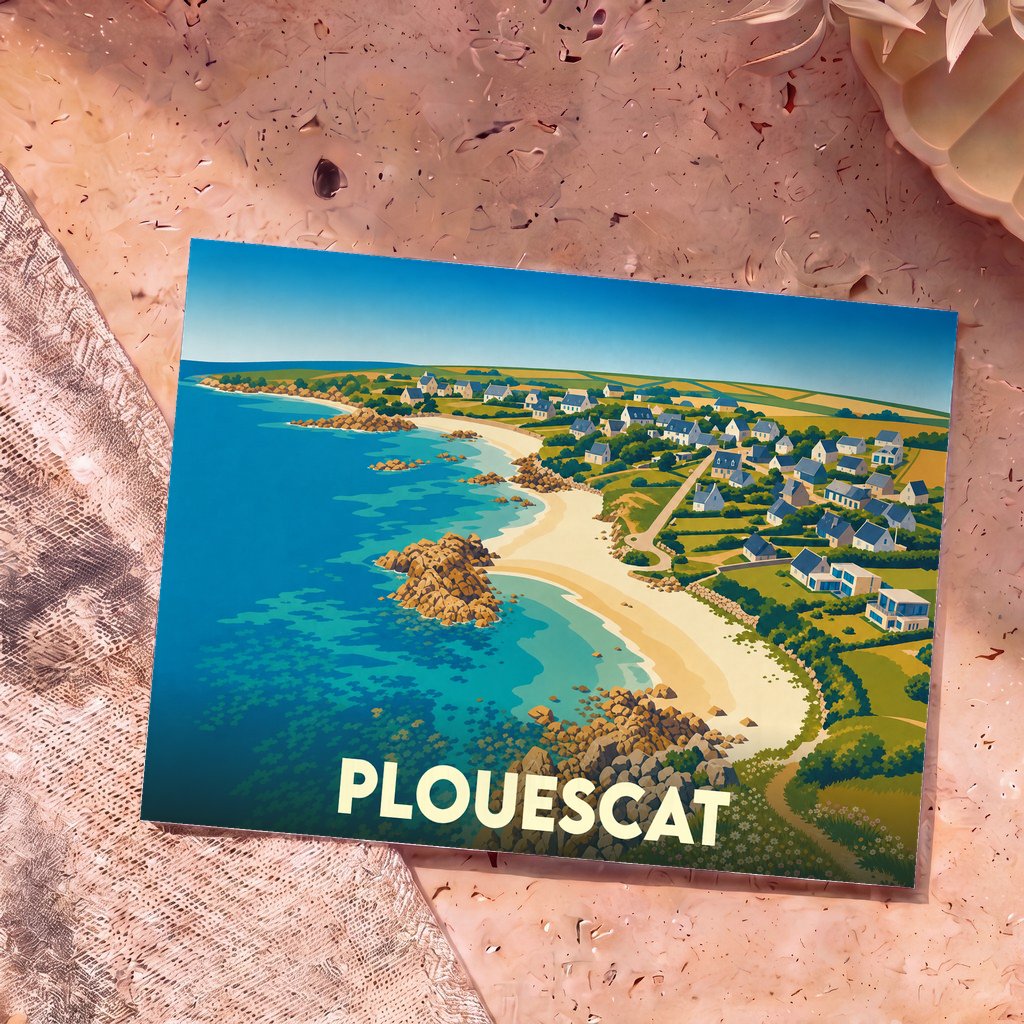 Carte postale souvenir de la ville de Plouescat avec une illustration stylisée de son littoral.