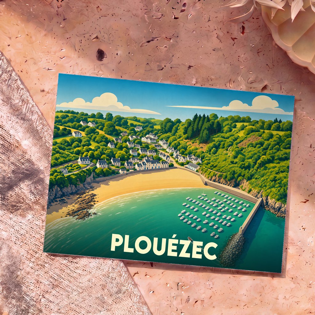 Carte postale souvenir de la ville de Plouézec illustrant une vue aérienne stylisée de son port et de sa côte.