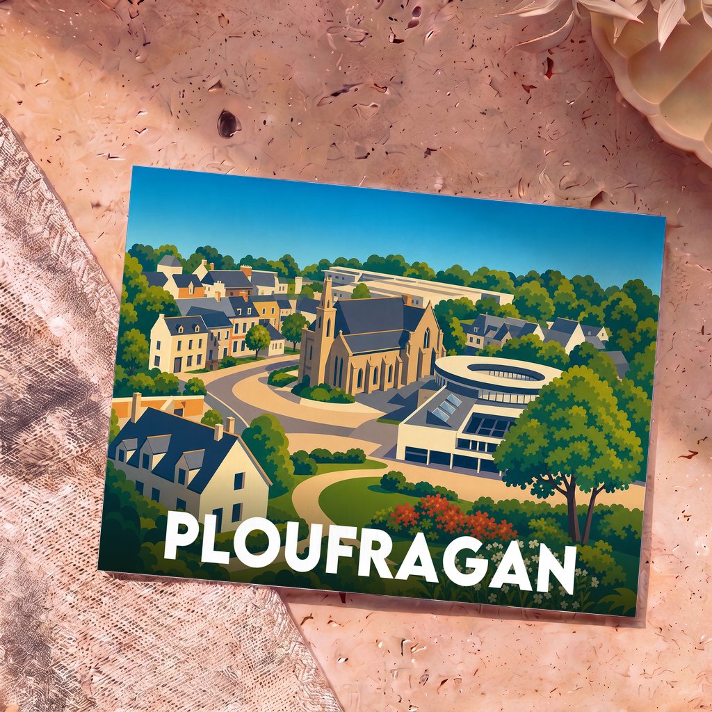 Carte postale souvenir de la ville de Ploufragan avec une illustration stylisée et colorée de son centre-ville.