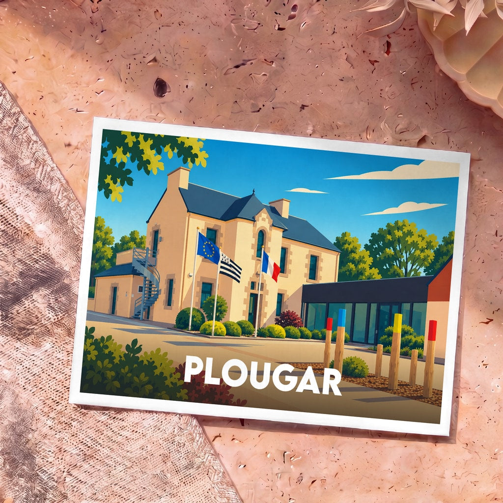 Carte postale souvenir de la ville de Plougar avec une illustration stylisée de sa mairie.