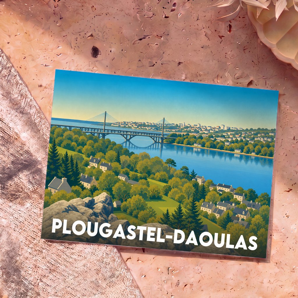 Carte postale souvenir de la ville de Plougastel-Daoulas avec une illustration stylisée de son célèbre pont surplombant l'Élorn.
