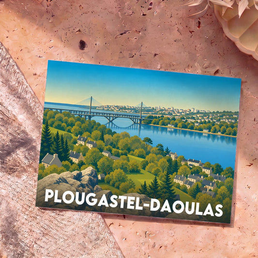 Carte postale souvenir de la ville de Plougastel-Daoulas avec une illustration stylisée de son célèbre pont surplombant l'Élorn.