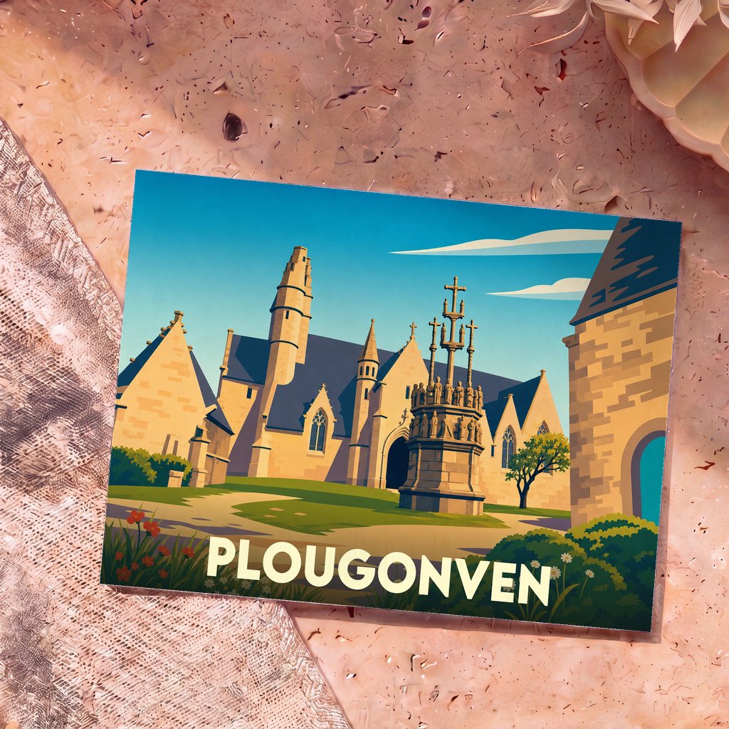 Carte postale souvenir de la ville de Plougonven avec une illustration stylisée de son église et de son calvaire.