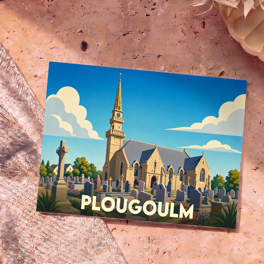 Carte postale souvenir de la ville de Plougoulm illustrant son église et son cimetière dans un style graphique épuré.