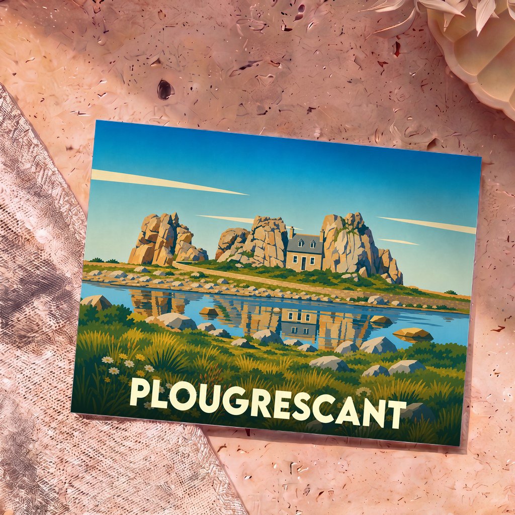 Carte postale souvenir de la ville de Plougrescant illustrant une maison typique nichée entre deux rochers.