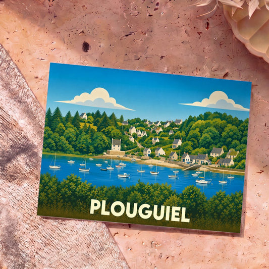 Carte postale souvenir de la ville de Plouguiel avec une illustration stylisée d'un port côtier.