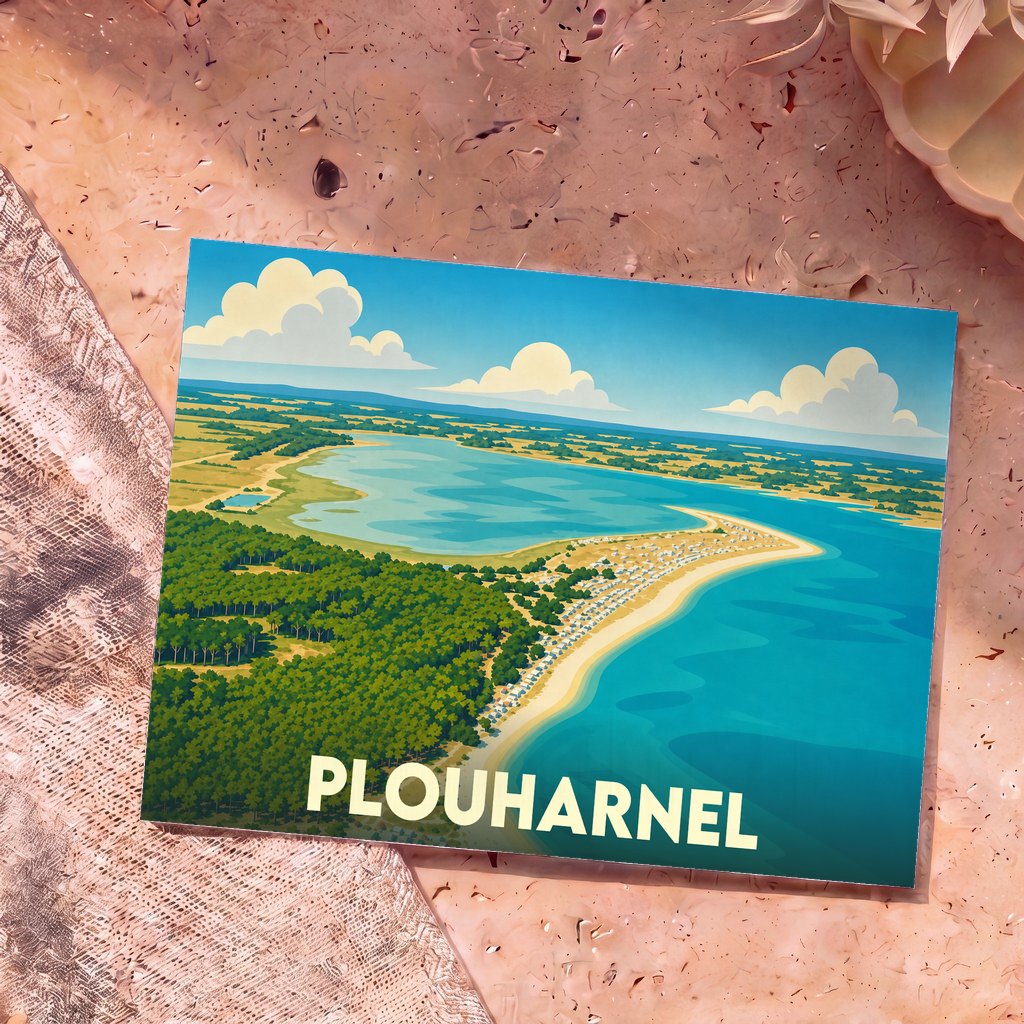 Carte postale souvenir de la ville de Plouharnel illustrant son littoral entre océan, forêt et lagune dans un style graphique épuré.