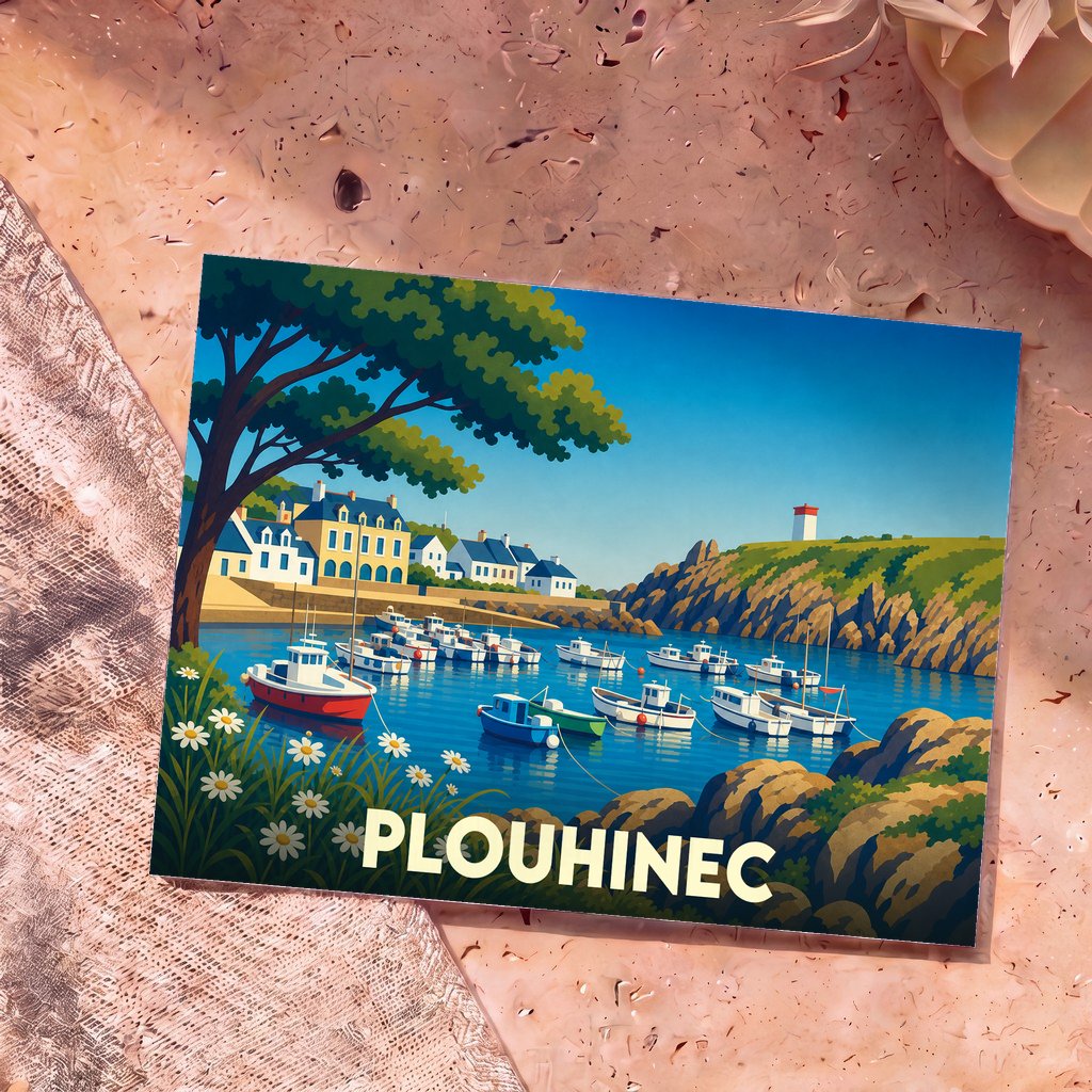 Carte postale souvenir de la ville de Plouhinec avec une illustration stylisée d'un port de plaisance.