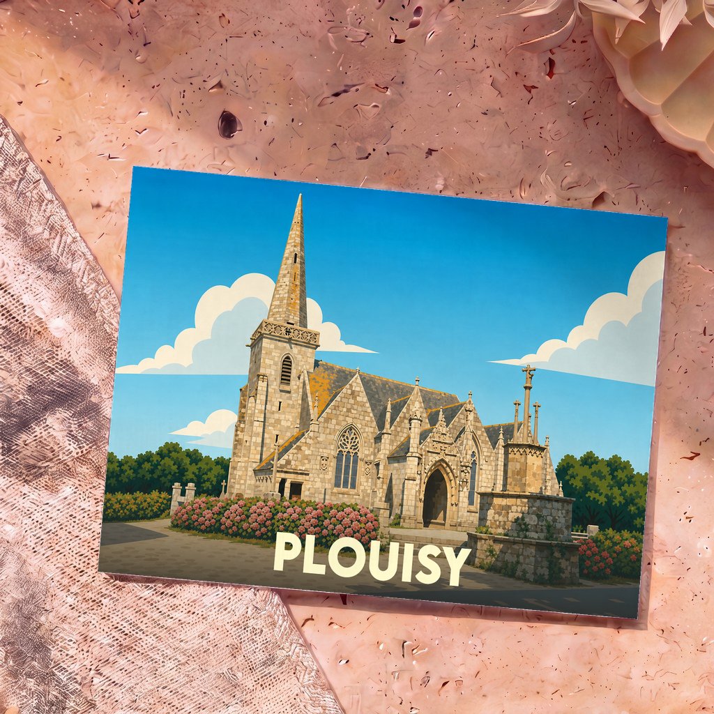 Carte postale souvenir de la ville de Plouisy illustrant son église et son calvaire dans un style graphique épuré.