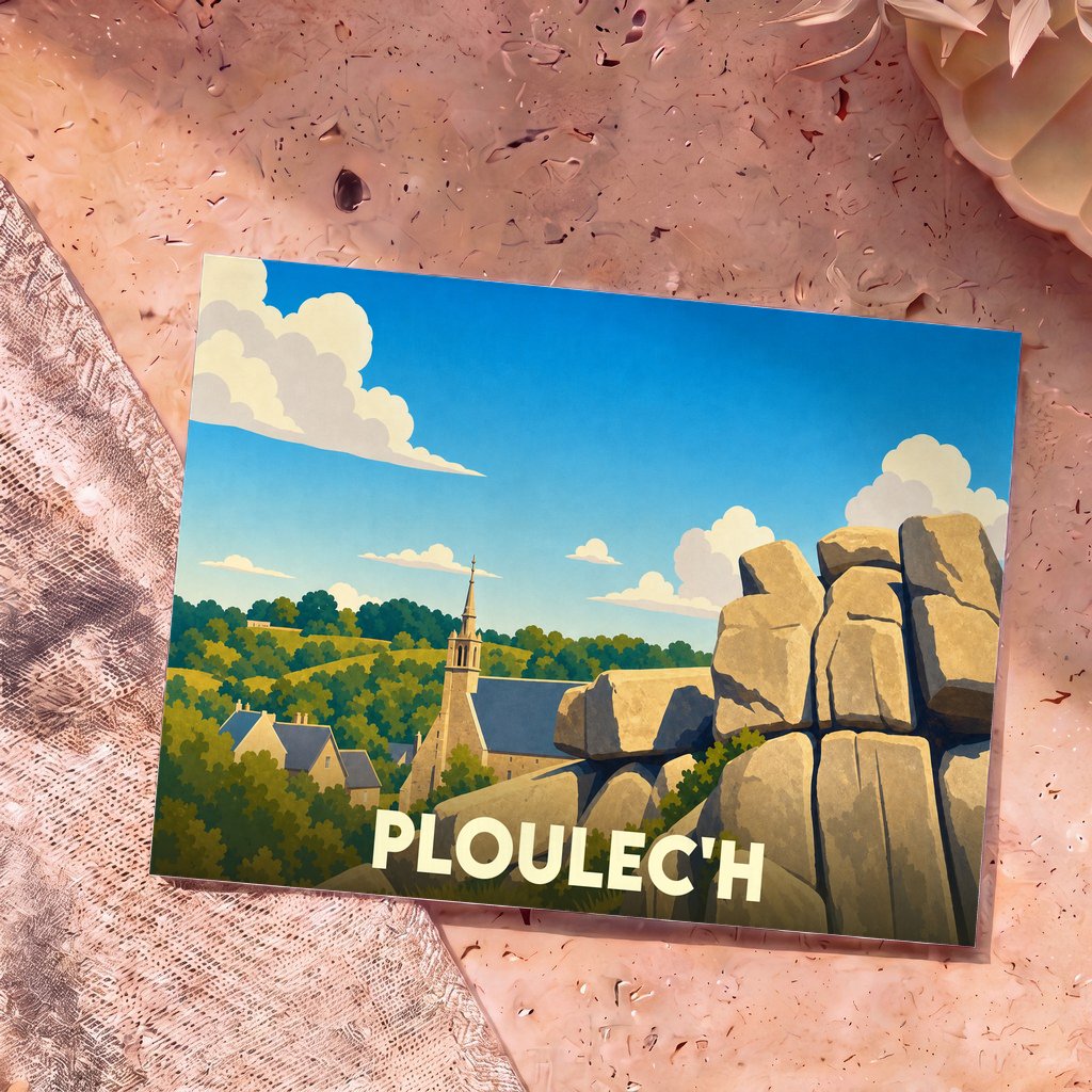Carte postale souvenir de la ville de Ploulec'h avec une illustration stylisée de son église et de gros blocs rocheux.