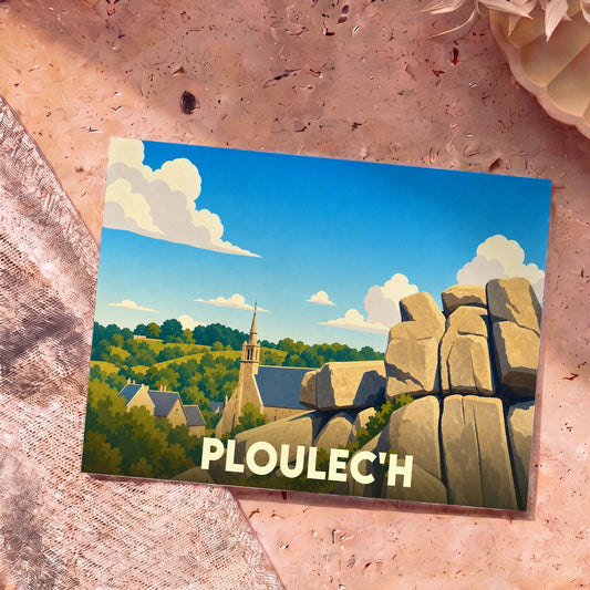 Carte postale souvenir de la ville de Ploulec'h avec une illustration stylisée de son église et de gros blocs rocheux.