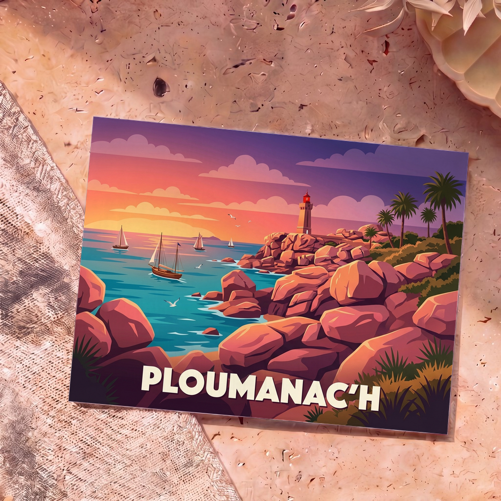 Carte postale souvenir de la ville de Ploumanac'h avec une illustration stylisée de son phare et de sa côte de granit rose au coucher du soleil.