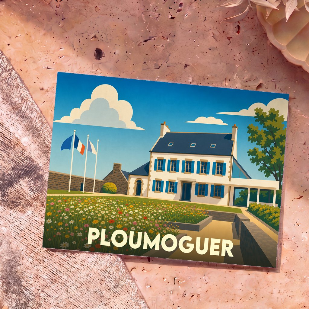 Carte postale souvenir de la ville de Ploumoguer illustrant une bâtisse traditionnelle bretonne dans un style graphique épuré.