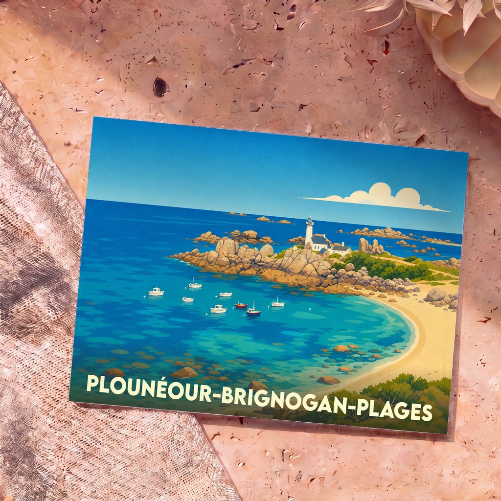 Carte postale souvenir de Plounéour-Brignogan-Plages avec une illustration stylisée de son littoral et de son phare.