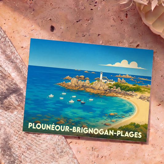 Carte postale souvenir de Plounéour-Brignogan-Plages avec une illustration stylisée de son littoral et de son phare.