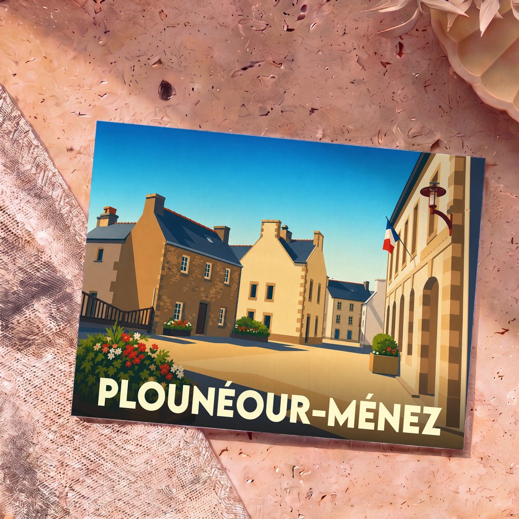 Carte postale souvenir de la ville de Plounéour-Ménez avec une illustration stylisée.