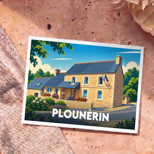 Carte postale souvenir de la ville de Plounérin illustrant une maison bretonne traditionnelle en pierre sous un ciel bleu.