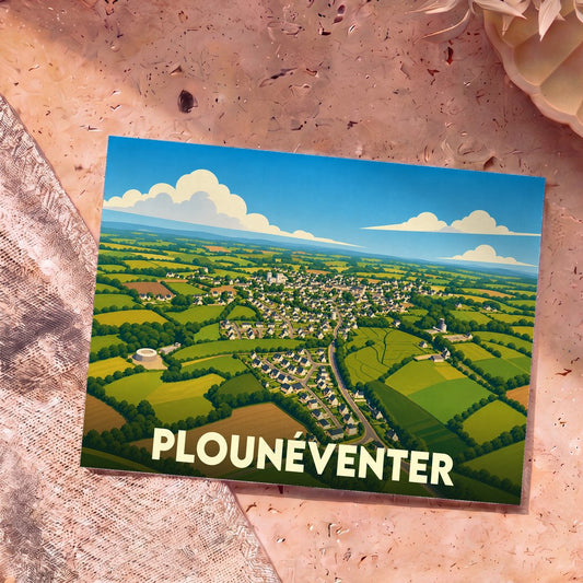 Carte postale souvenir de la ville de Plounéventer avec une illustration stylisée vue du ciel.