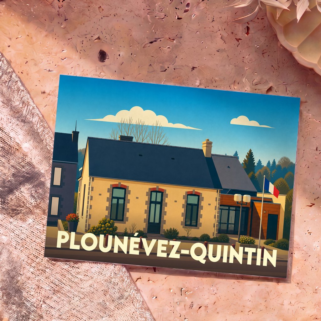 Carte postale souvenir de la ville de Plounévez-Quintin avec une illustration stylisée d'un bâtiment local et du drapeau français.