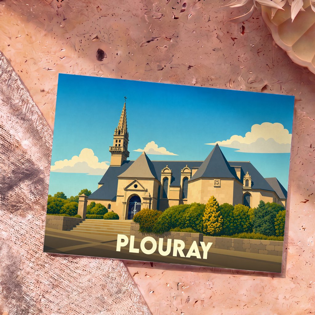 Carte postale souvenir de la ville de Plouray avec une illustration stylisée de son église.