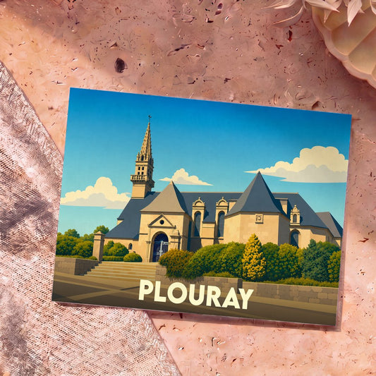 Carte postale souvenir de la ville de Plouray avec une illustration stylisée de son église.