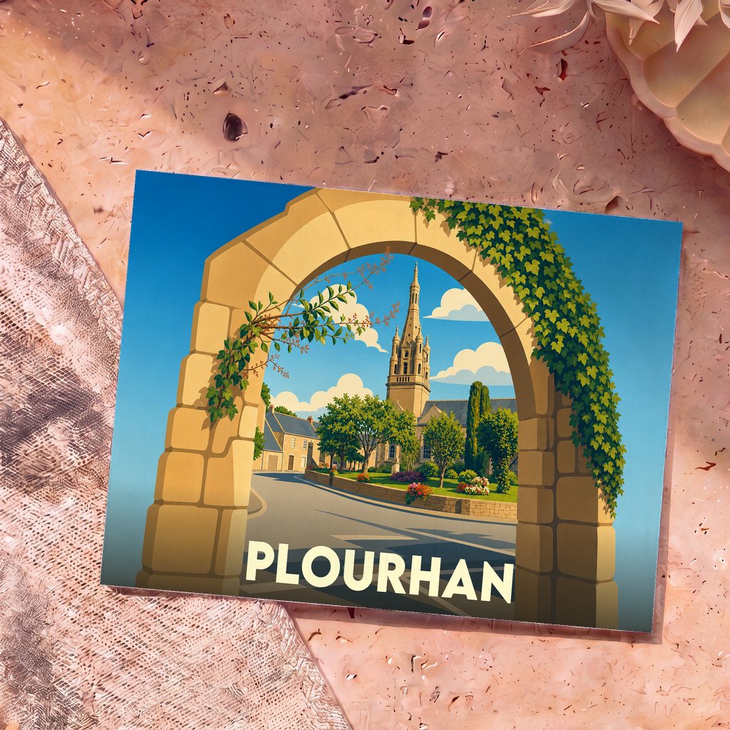 Carte postale souvenir de la ville de Plourhan avec une illustration stylisée d'un clocher encadré par une arche de pierre.