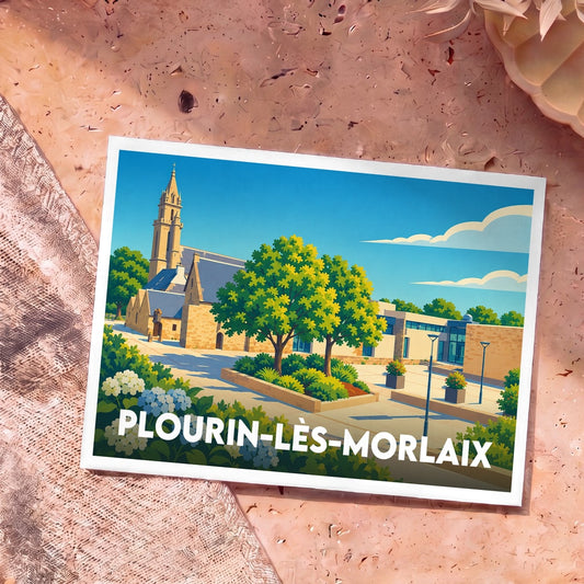 Carte postale souvenir de la ville de Plourin-lès-Morlaix avec une illustration stylisée de son église et de sa place fleurie.