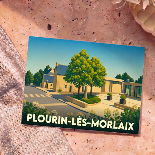 Carte postale souvenir de Plourin-lès-Morlaix représentant une vue stylisée et colorée du centre-ville.