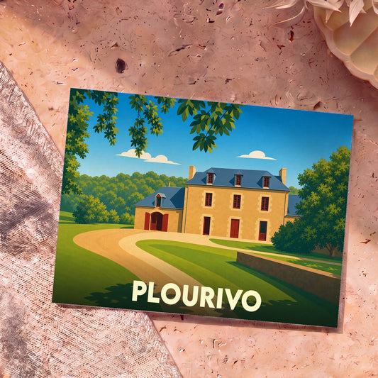 Carte postale souvenir de la ville de Plourivo avec une illustration stylisée d'un manoir breton.