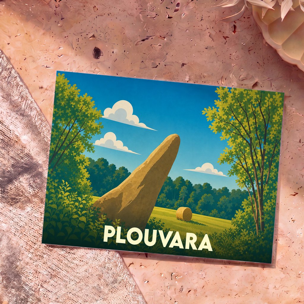 Carte postale souvenir de la ville de Plouvara avec une illustration stylisée d'un menhir dans un champ breton.