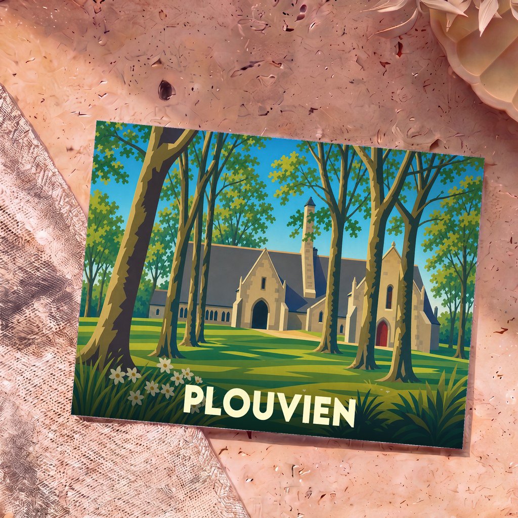 Carte postale souvenir de la ville de Plouvien avec une illustration stylisée de sa chapelle au milieu des arbres.
