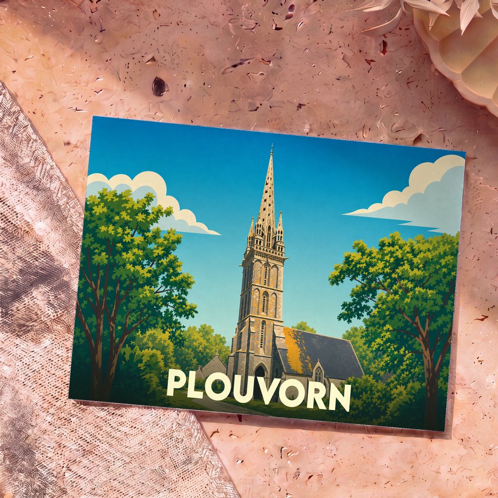 Carte postale souvenir de la ville de Plouvorn illustrant son église avec un style graphique épuré.