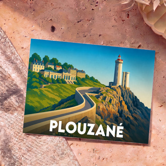 Carte postale souvenir de la ville de Plouzané illustrant le phare du Petit Minou dans un style graphique épuré.