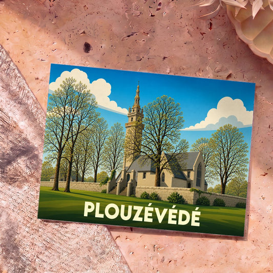 Carte postale souvenir de la ville de Plouzévédé illustrant une église de style breton entourée d'arbres.