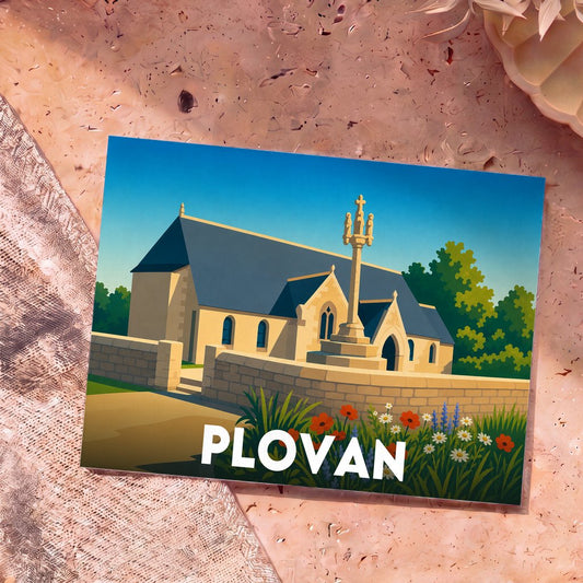 Carte postale souvenir de la ville de Plovan illustrant son église et son calvaire dans un style graphique épuré.